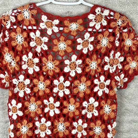 Vintage Y2K Crochet Daisy Knit Sweater Cardigan Button Medium - Picture 14 of 16